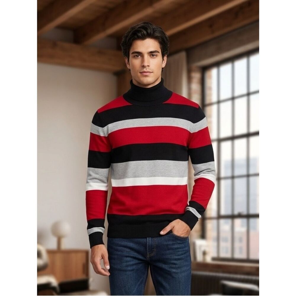 Take 50% OFF-Joseph A. Men's Striped Turtleneck Sweater-Red, Black & Gray, Sz-XL